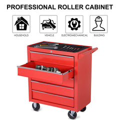 DURHAND 5-Drawer Lockable Tool Storage Cabinet with Wheels, Handle, 2 Keys, Steel Home Work DIY Workshop Chest, Garage Equipment Trolley, Red