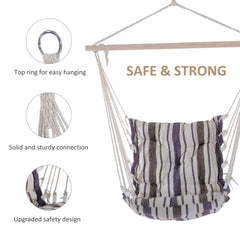 Outsunny Outdoor Hanging Rope Chair with Soft Padded Seat & Backrest, Garden Hammock Chair with Wooden Support Bar Cotton Cloth, Portable Garden Chair for Patio & Tree, Brown