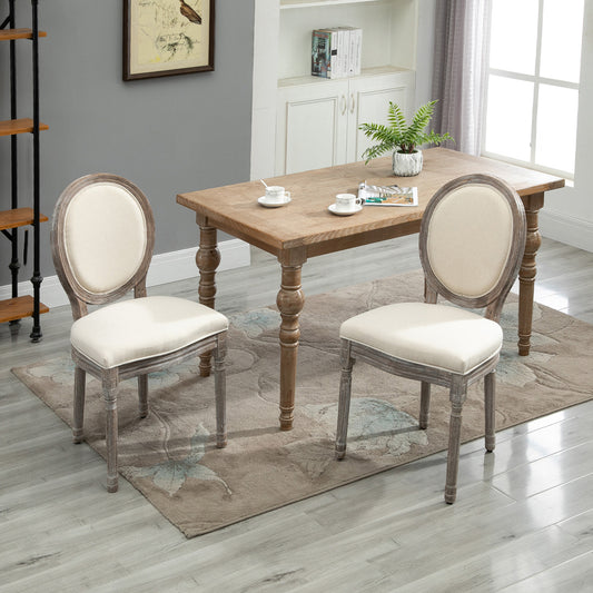 HOMCOM Dining Chairs Set of 2, French-Style Upholstered Kitchen Chairs with Padded Seats, Wood Frame and Round Back, Cream White