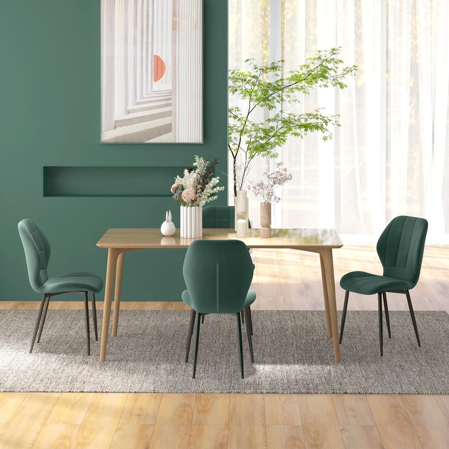 HOMCOM Set of Four Flannel Relaxed Tub Dining Chairs - Green