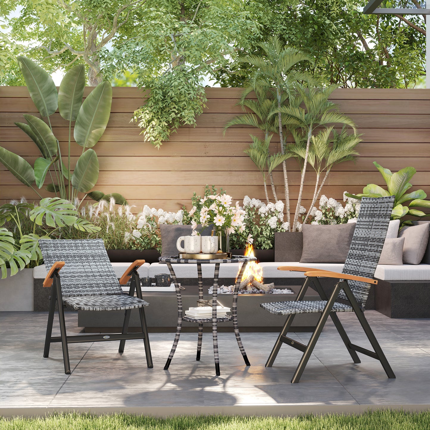 Outsunny 2 Pieces Outdoor Foldable Dining Chair with Armrests, High Backrest, for Garden, Camping, Balcony, Light Grey