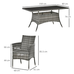 Outsunny 7-Piece Rattan Garden Furniture Set with Cushions, 6 Seater Garden Table and Chairs, Rattan Dining Set with 6 Armchairs, Rectangular Glass Top Table, Grey