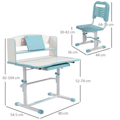 ZONEKIZ Height Adjustable Kids Study Table and Chair Set, with Drawer, Storage Shelf, 80 x 54.5 x 104 cm, Blue