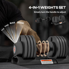 SPORTNOW Adjustable Dumbbells Set, 4-in-1 Weights Set with Storage Tray, Non-Slip Handle, 6kg, 11kg, 16kg, 20kg