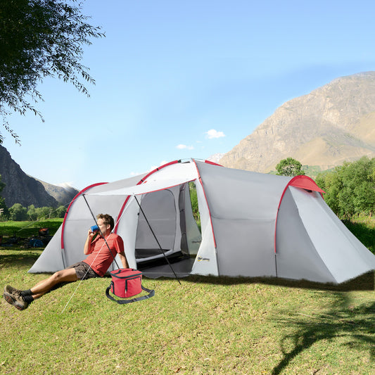 Outsunny Four-Man Tunnel Tent, with Two Bedrooms and Living Room - Grey/Red