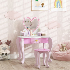 AIYAPLAY Kids Dressing Table Set, Vanity Table with Stool, Mirror, Drawer, Desktop Storage, Heart Theme, Pink