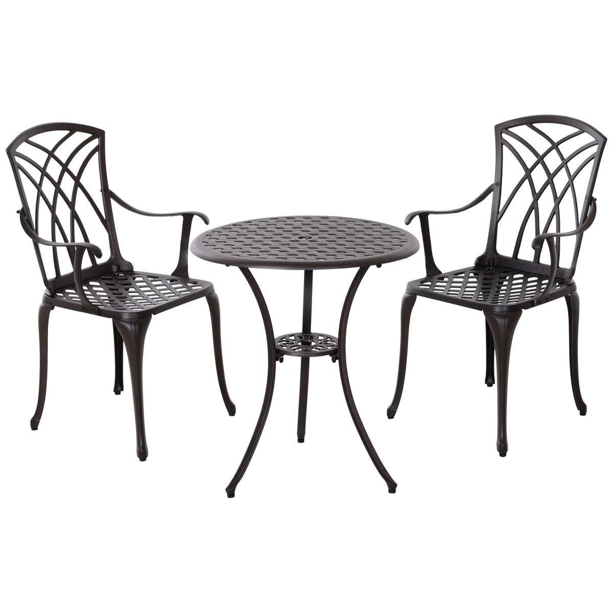 Outsunny 3 Pieces Garden Dining Set for 2, Cast Aluminium Outdoor Dining Set with 2 Armchairs and Round Dining Table with Parasol Hole, Garden Furniture Set, Brown