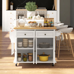 HOMCOM Rolling Kitchen Island Storage Trolley with Rubber Wood Top & Drawers for Dining Room, Cream White