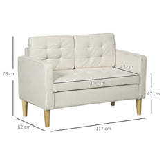 أريكة HOMCOM Modern Loveseat، أريكة مدمجة ذات مقعدين مع مساحة تخزين مخفية، أريكة من القطن المبطن بطول 117 سم مع أرجل خشبية، لون أبيض كريمي