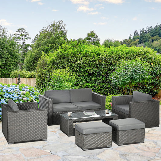 Outsunny 6PC Garden Rattan Sofa Set Bonzer Outdoor Furniture Patio Table Loveseat Stool Lounging Ottoman Aluminium Frame Wicker Weave Conservatory Grey