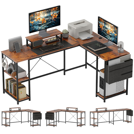 HOMCOM 168cm Reversible L Shaped Desk, Industrial Corner Computer Desk with Adjustable Shelf and Storage Bag, 240cm 2 Person Desk with Monitor Stand, Rustic Brown