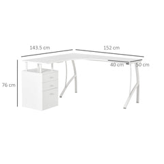 HOMCOM L-Shaped Computer Desk Table with Storage Drawer, Home Office Desk Corner Industrial Style Workstation for A4 Files 143.5 x 143.5 x 76cm, White