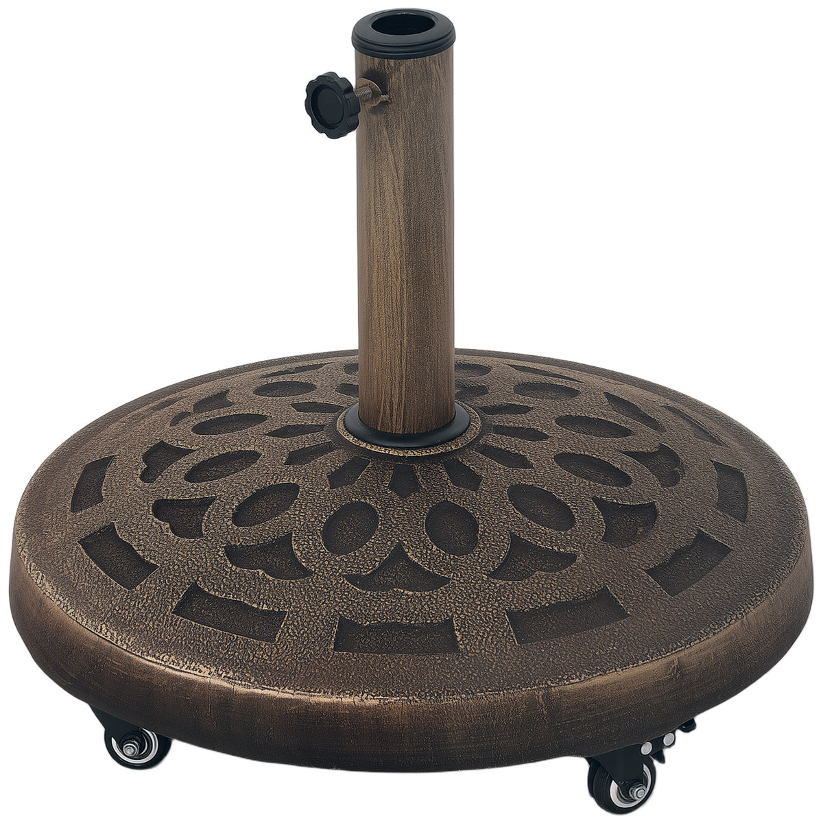 Outsunny 21kg Resin Garden Parasol Base with Wheels, Round Umbrella Stand, Heavy Duty Sun Umbrella Base for 34, 38, 48 mm Umbrella Poles for Deck Poolside, Bronze Tone