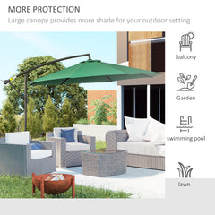 Outsunny 3(m) Banana Parasol Hanging Cantilever Umbrella with Crank Handle, 8 Ribs and Cross Base for Outdoor, Sun Shade, Dark Green