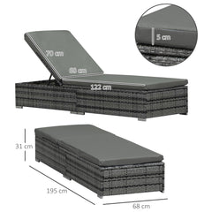 كراسي استلقاء للتشمس من الروطان من Outsunny مع وسادة، أثاث كرسي استلقاء للتشمس في الحديقة الخارجية مع مسند ظهر قابل للإمالة على 5 مستويات ومسند للذراع، مجموعة من قطعتين، رمادي