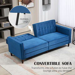 HOMCOM Velvet-Feel Three-Seater Sofa Bed - Blue