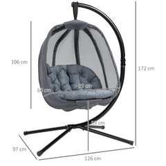 Outsunny Hanging Egg Chair, Folding Texteline Swing Hammock with Side Pocket, Cushion and Stand for Indoor Outdoor, Patio Garden Furniture, Grey