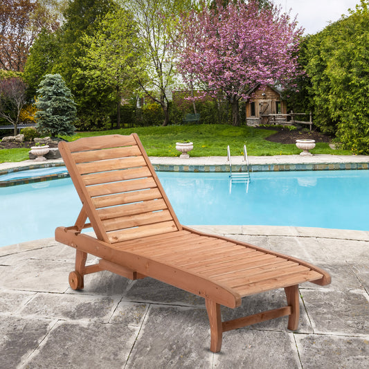 Outsunny Outdoor Wooden Lounger Chair, Sun Bed with Built-In Table, Adjustable Backrest and Wheels, Red Brown