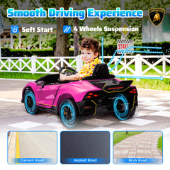 AIYAPLAY 12V Lamborghini Autentica Licensed Kids Electric Car with Remote Control, Four Suspension Wheels, Soft Start, Pink