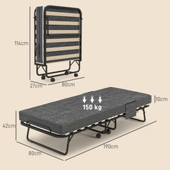 HOMCOM Single Steel Frame Folding Bed, with Wheels - Black/Grey