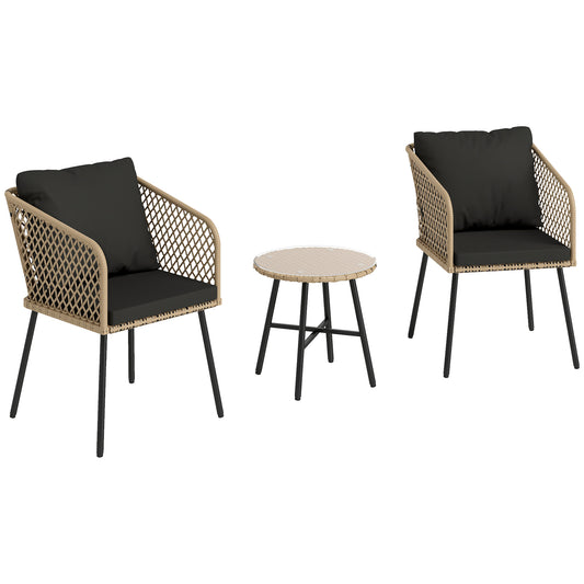 Outsunny 3 Piece Rattan Bistro Set with 2 Chairs, Tempered Glass Table, Cushions, Adjustable Foot Pads, Nature Wood Finish