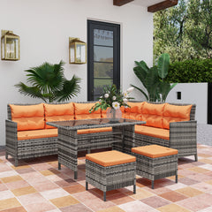 Outsunny 7-Seater Patio wicker Sofa Set Rattan Chair Furniture w/ Glass & Cushioned, Orange