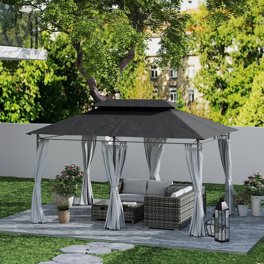 Outsunny 3 x 4m Metal Frame, Two-Tier Roof Gazebo - Dark Grey