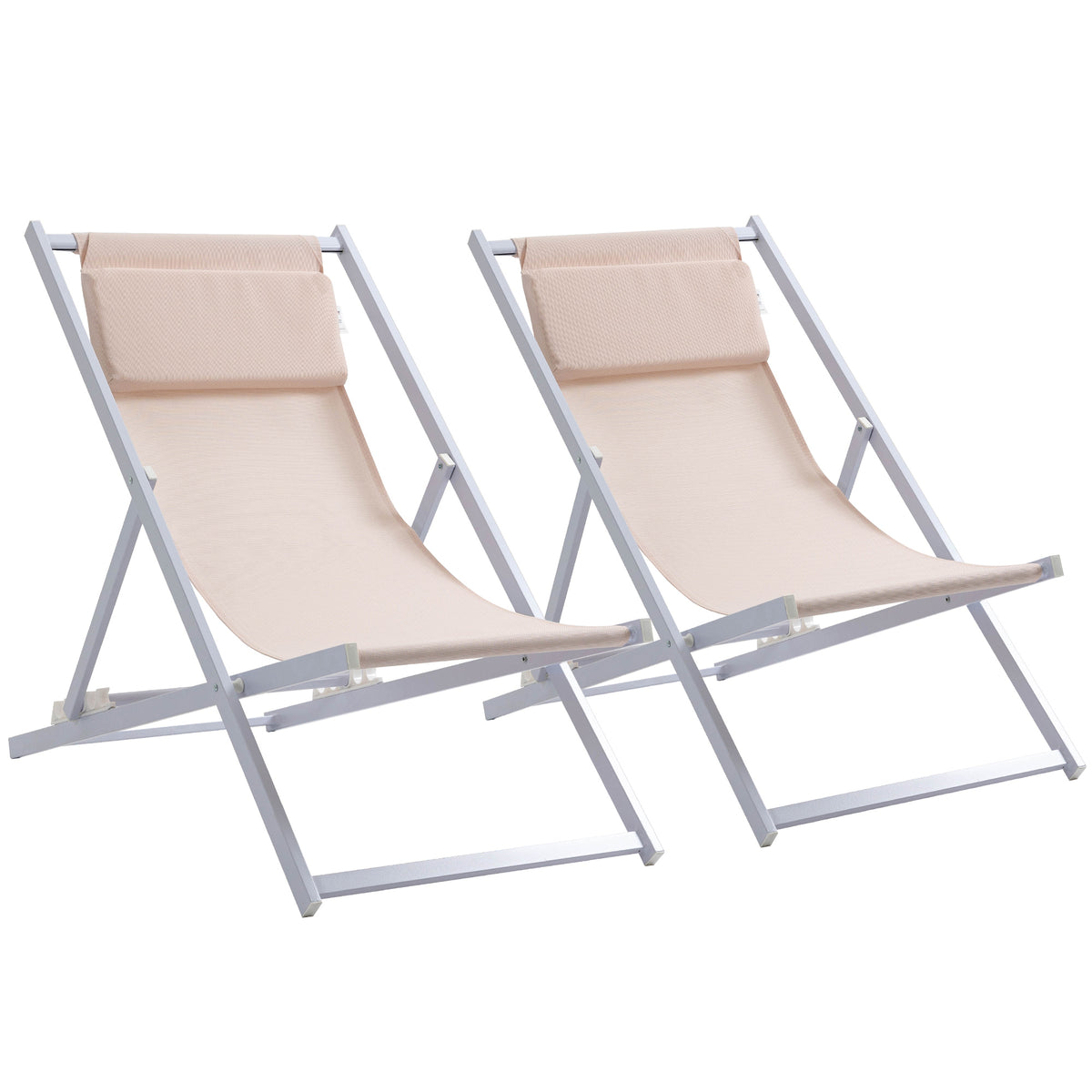 Outsunny Set of 2 Folding Garden Beach Aluminium Frame Deck Chairs Deckchairs Seaside Folding Garden Patio Lounger, Beige