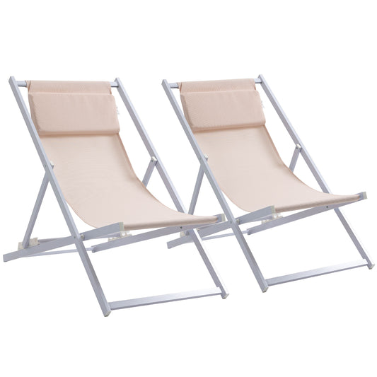 Outsunny Set of 2 Folding Garden Beach Aluminium Frame Deck Chairs Deckchairs Seaside Folding Garden Patio Lounger, Beige