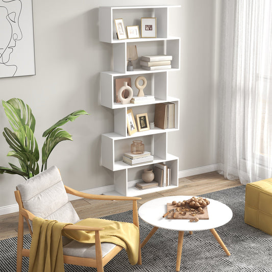 HOMCOM Bookcase, 6 Tier Shelf S Shaped Bookshelf, Storage Unit, Display Shelf for Living Room, Bedroom, Home Office, Plant, White