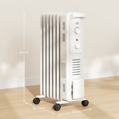 HOMCOM 1500W Quiet Oil Filled Radiator, 7 Fin Energy Efficient Portable Electric Heater with 3 Heat Settings, Adjustable Thermostat, Safety Tip Over, Overheat Protection, for Home, White