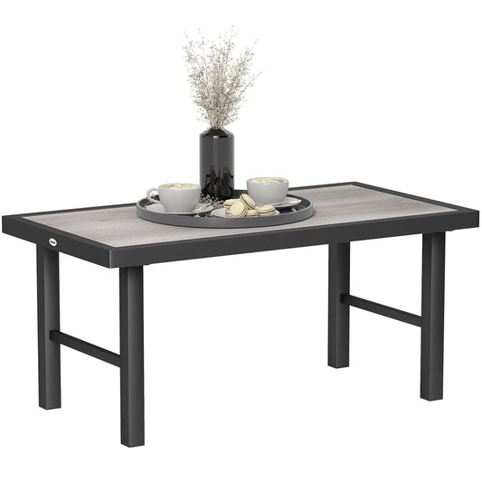 Outsunny Metal Garden Coffee Table, Outdoor Side Table with SPC Woodgrain Tabletop for Outside, Garden, Balcony, Porch, 100 x 53 x 46cm, Grey Wood Effect