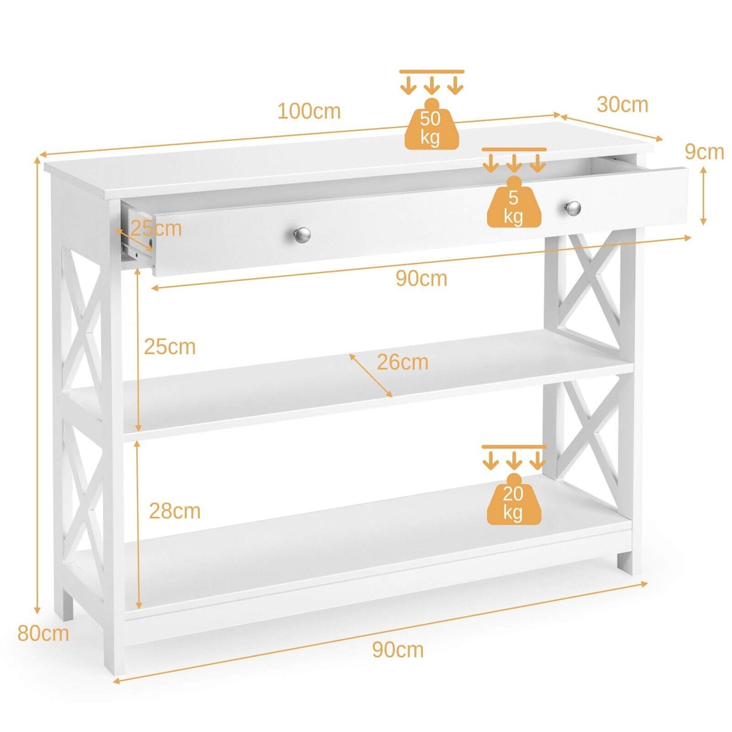 3-Tier Console Table with 1 Drawer and 2 Storage Shelves-White