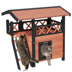 PawHut Cat House Outdoor w/ Balcony Stairs Roof, 77 x 50 x 73 cm, Brown