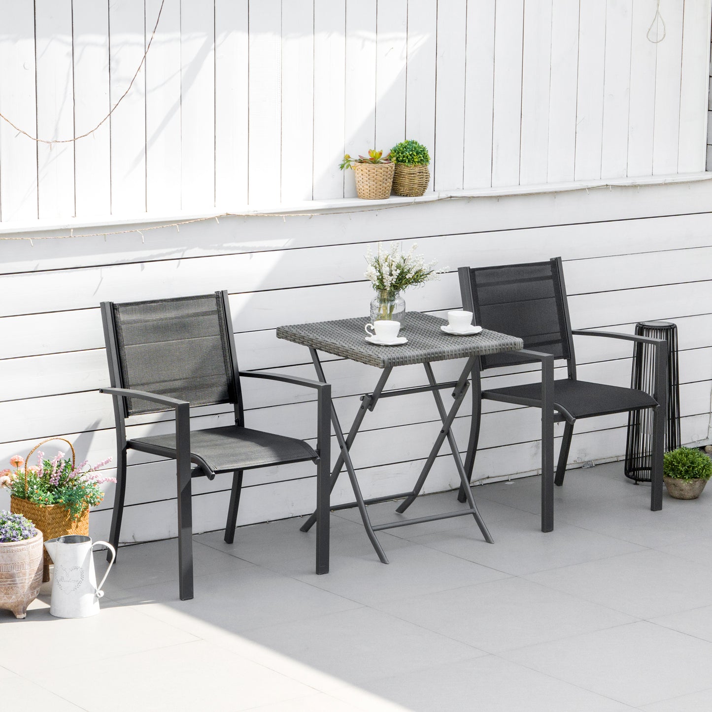Outsunny Garden Chairs Set Of 2 Outdoor Chairs with Steel Frame Texteline Seats for Dining Patio Balcony Dark Grey and Black