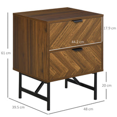 HOMCOM Bedside Table with Two Drawers, Side Cabinet Storage Unit with Metal Handles, Organisation Furniture for Living Room, Bedroom, Walnut Brown