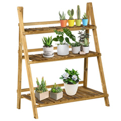 Outsunny Wooden Folding Flower Pot Stand 3 Tier Garden Planter Display Ladder Gardener Storage Shelves Rack Herb Holder (80L x 37W x 93H cm)