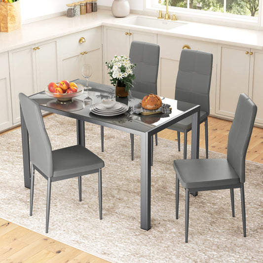 HOMCOM 5-Piece Kitchen Dining Table Set with 4 Faux Leather Metal Frame Chairs Glass Tabletop Desk for Dining Room, Kitchen, Dinette, Grey