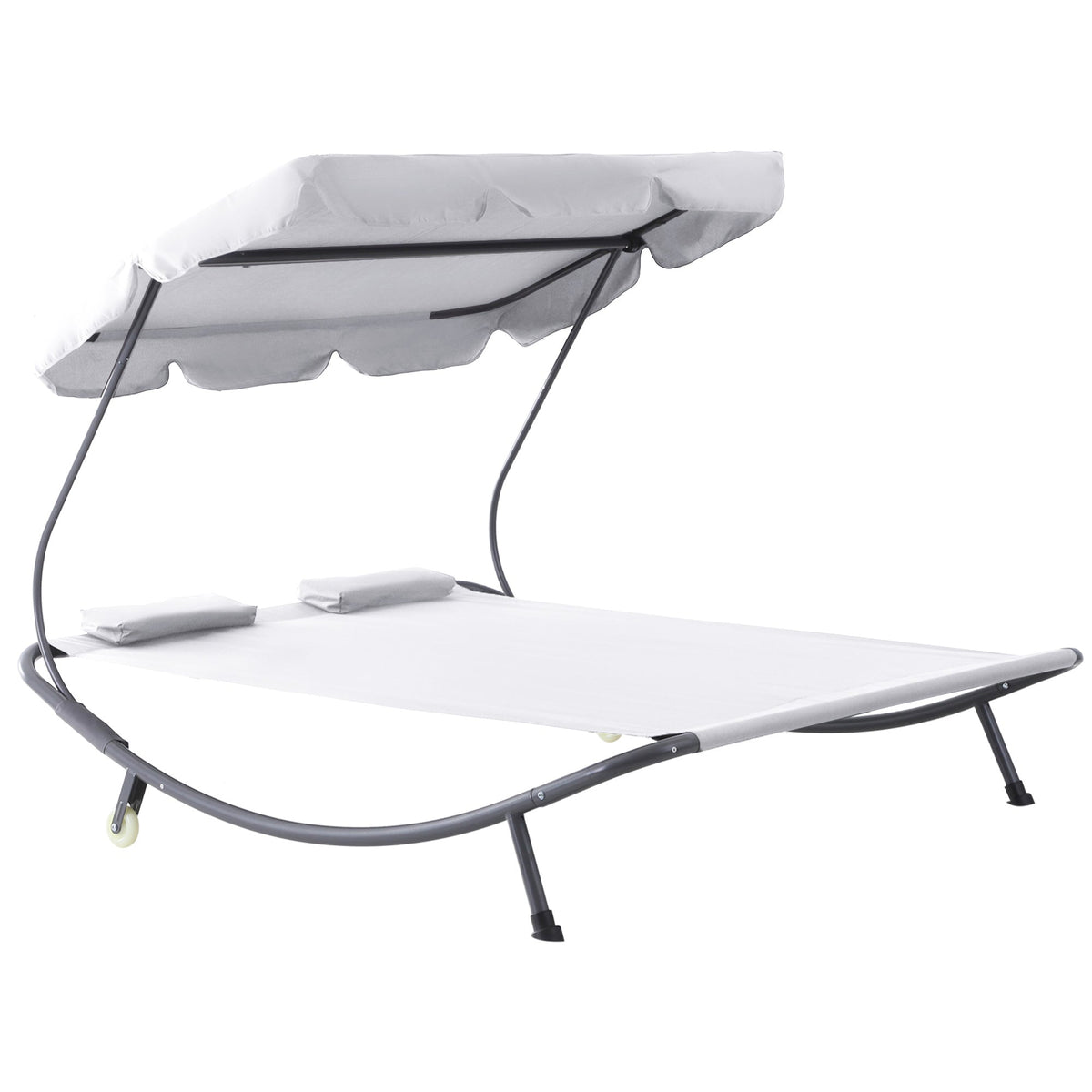 Outsunny Patio Double Hammock Sun Lounger Bed w/ Canopy Shelter, Wheels & 2 Pillows, White