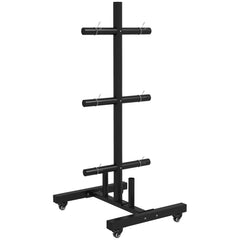 SPORTNOW Weight Rack for Olympic Weight Plate, 3 Tier Weight Tree for 2 inch Plates and Bars, Weight Organiser Stand with 4 Transport Wheels and Clamps for Home Gym, Max Load 200kg, Black