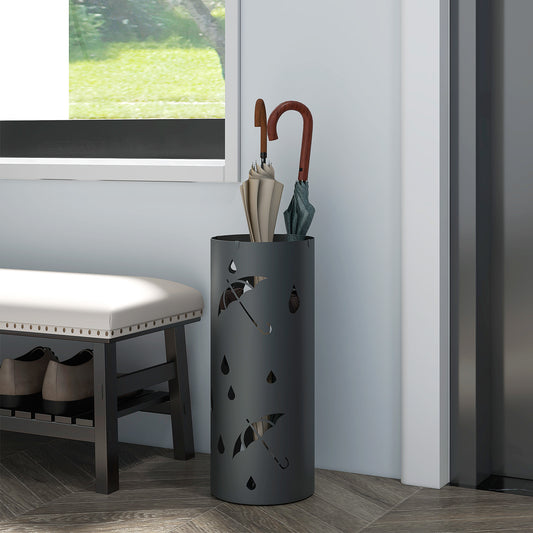 HOMCOM Freestanding Umbrella Stand for Hallway, Round Umbrella Basket with 4 Hooks and Drip Tray for Entryway, Dark Grey