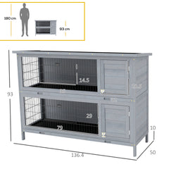 PawHut Rabbit Hutch Outdoor Guinea Pig Hutch Bunny Cage with No-Leak Trays, Divider, 136 x 50 x 93cm, Grey