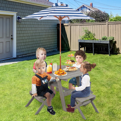 Wooden Kids Picnic Table Set with 4 Chairs and Adjustable Umbrella-Grey