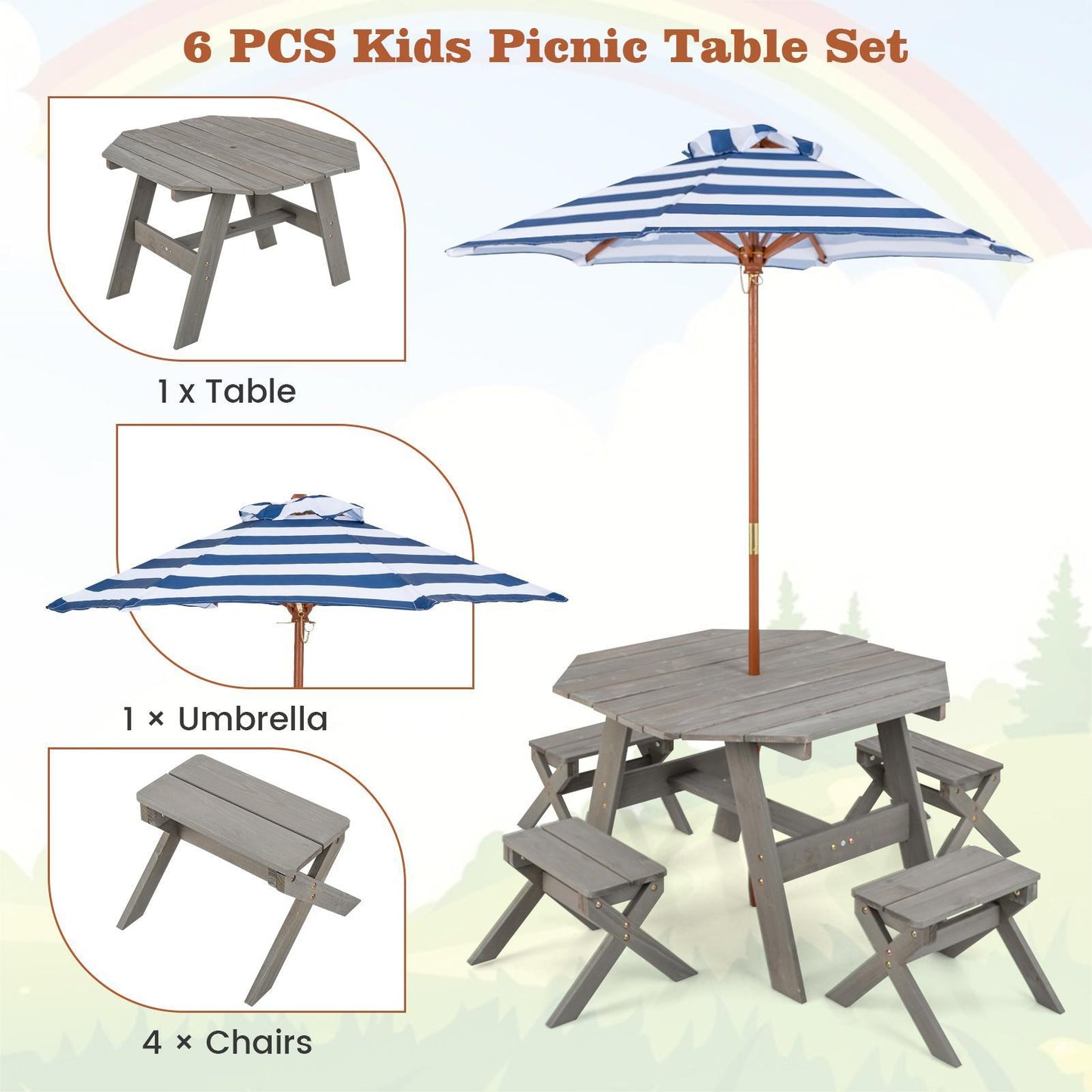 Wooden Kids Picnic Table Set with 4 Chairs and Adjustable Umbrella-Grey
