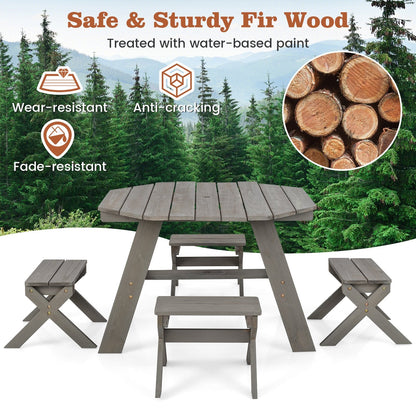 Wooden Kids Picnic Table Set with 4 Chairs and Adjustable Umbrella-Grey