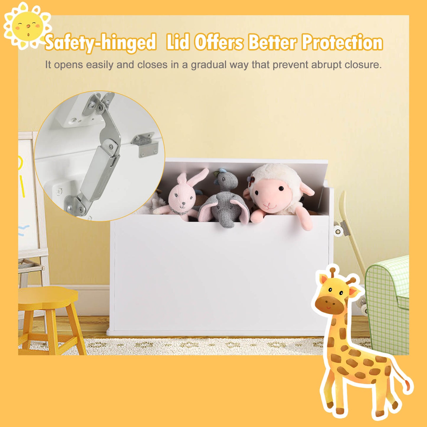 Wooden Kids Toy Box and Bench with Cushion and Handles-White