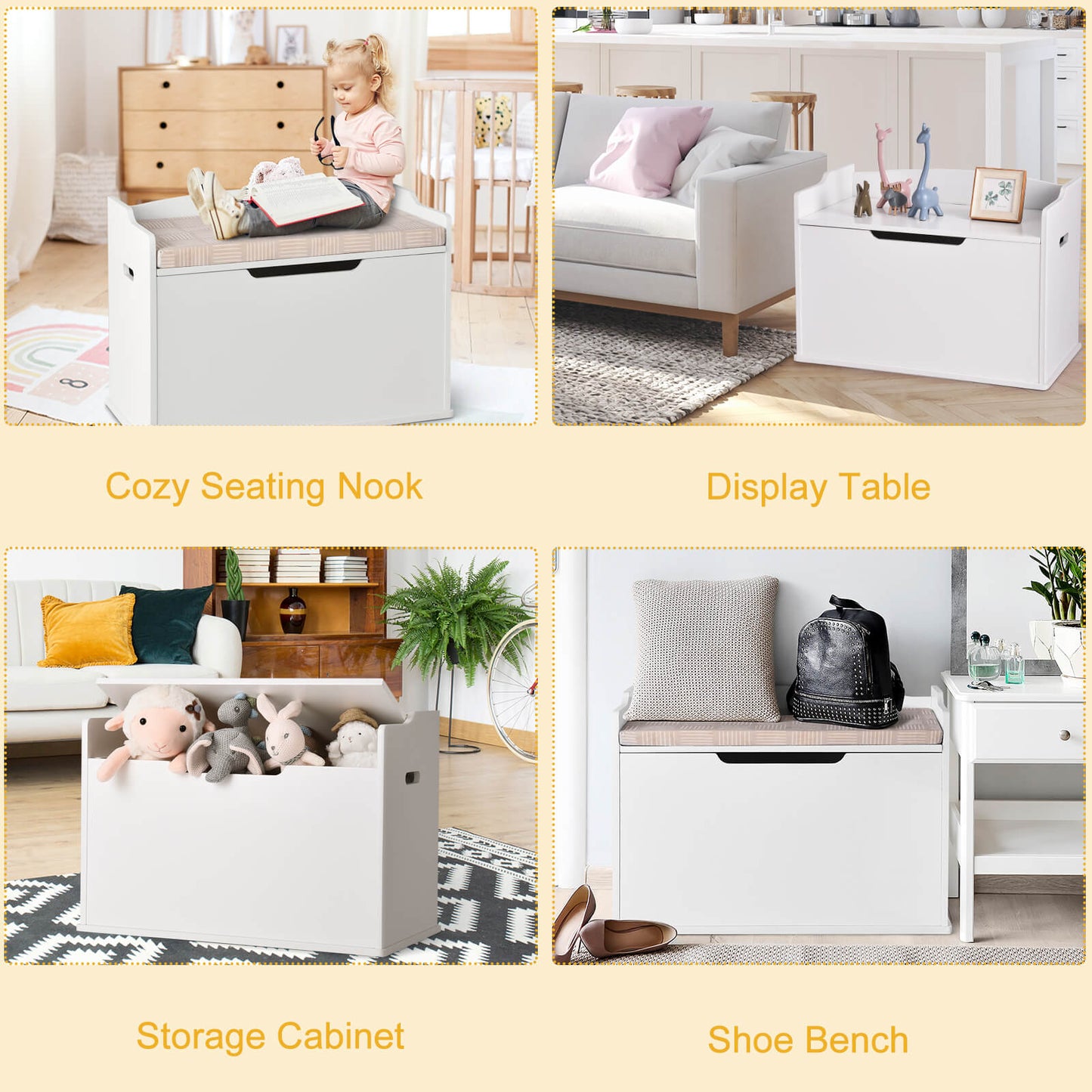 Wooden Kids Toy Box and Bench with Cushion and Handles-White