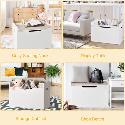 Wooden Kids Toy Box and Bench with Cushion and Handles-White