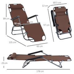 Outsunny 2 in 1 Sun Lounger Folding Reclining Chair Garden Outdoor Camping Adjustable Back with Pillow, Brown