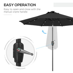 Outsunny 2.7m Garden Parasol Solar Outdoor Tilt Sun Umbrella Patio Sun Shade w/ 24 LED Light, Hand Crank and 8 Ribs, Black